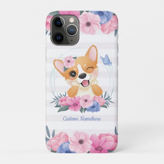 かわいいコーギー犬フラワーリース青い蝶カスタム Case-Mate iPhoneケース (裏)
