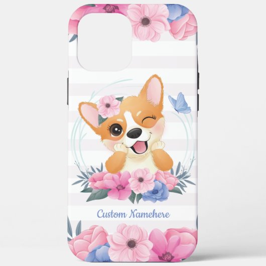 かわいいコーギー犬フラワーリース青い蝶カスタム Case-Mate iPhoneケース (裏面)