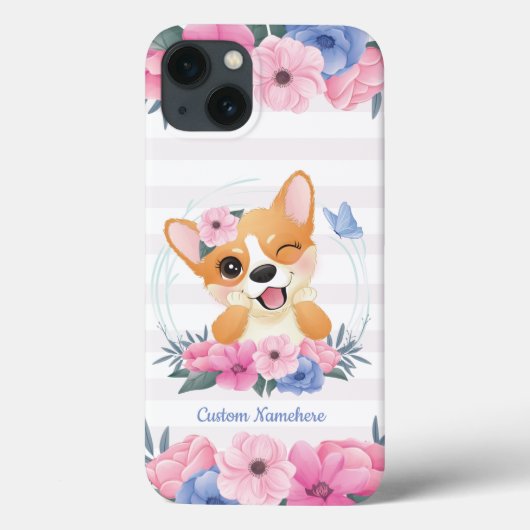かわいいコーギー犬フラワーリース青い蝶カスタム Case-Mate iPhoneケース (裏面)