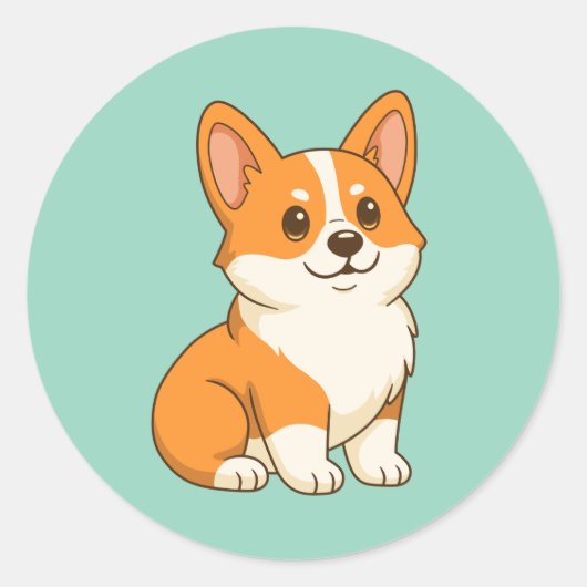 かわいいコーギー犬 緑 ラウンドシール (正面)