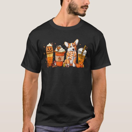 かわいいコーギー・パンプキンスパイス・コーヒーラテ・秋 Tシャツ (正面)