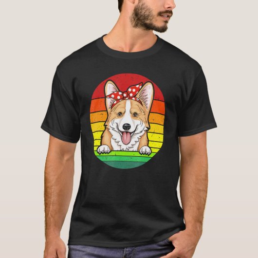 かわいいコーギー ママ 赤い水玉 レトロ パピー 虹 犬 L Tシャツ (正面)