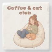 かわいいコーヒーと猫のクラブデザイン ストーンコースター (正面)