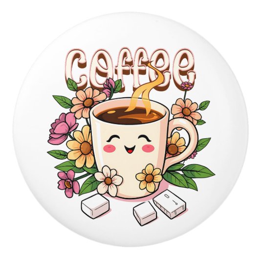 かわいいコーヒーと花 セラミックノブ (正面)