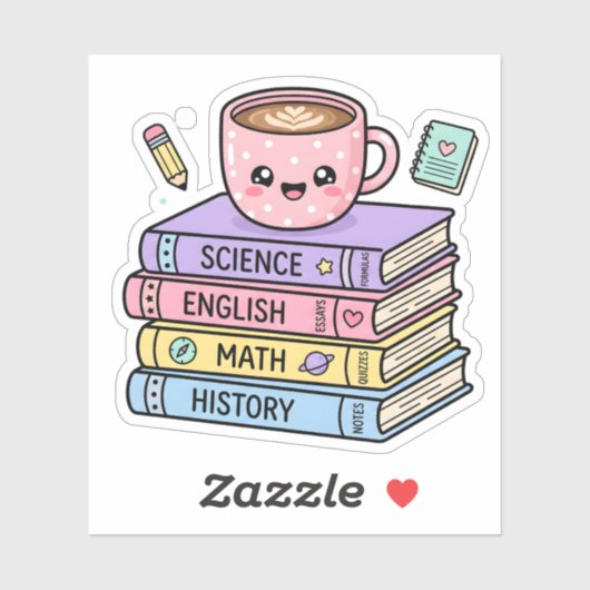 かわいいコーヒーカップと勉強の本ステッカー シール (シート)