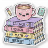 かわいいコーヒーカップと勉強の本ステッカー シール (正面)