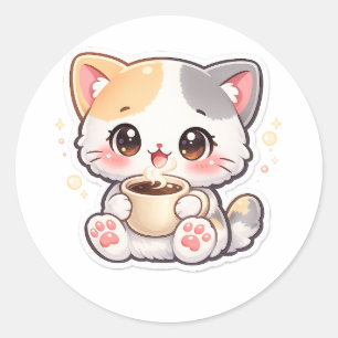 かわいいコーヒーキャットラウンドステッカー - かわいい子猫のプレート ラウンドシール