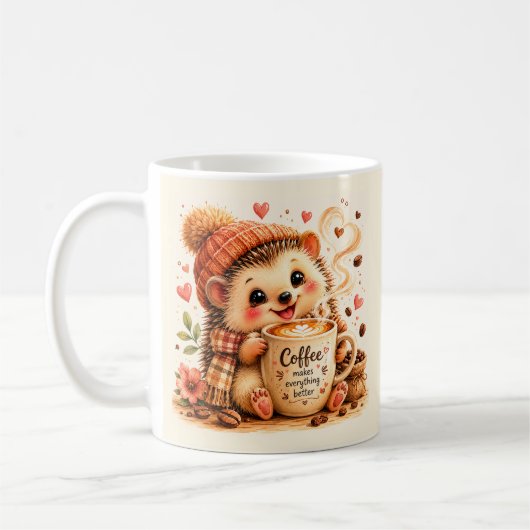 かわいいコーヒーハリネズミの水彩アート コーヒーマグカップ (左)