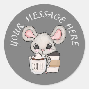 かわいいコーヒーマウスのメッセージを追加 ラウンドシール