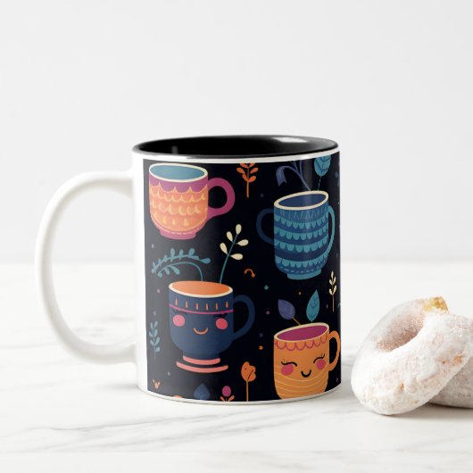 かわいいコーヒーマグの柄 笑顔 ツートーンマグカップ (ドーナツ)