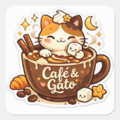 かわいいコーヒー猫ステッカー スクエアシール (正面)