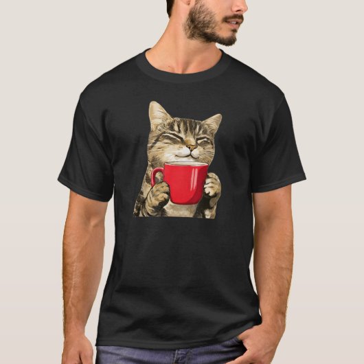 かわいいコーヒー猫 子猫が飲む 赤マグカップ Tシャツ (正面)