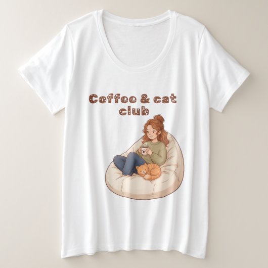 かわいいコーヒー&キャットクラブデザイン プラスサイズTシャツ (デザイン正面)