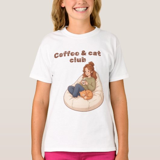 かわいいコーヒー&キャットクラブデザイン Tシャツ (正面)
