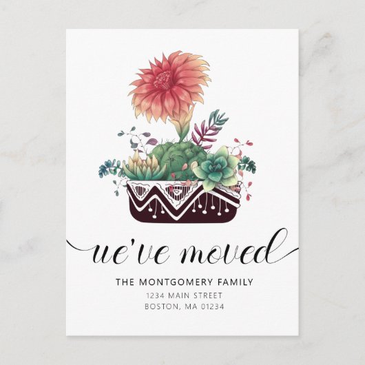 かわいいコーラルピンクのサボテン多肉移動アナウンスメ 案内ポストカード (正面)