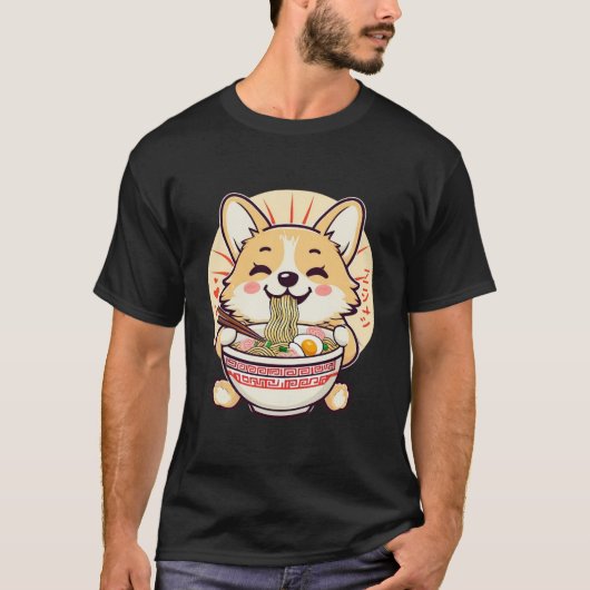 かわいいコ食べルギのラーメン – かわいいアニメ犬の食べ物 Tシャツ (正面)