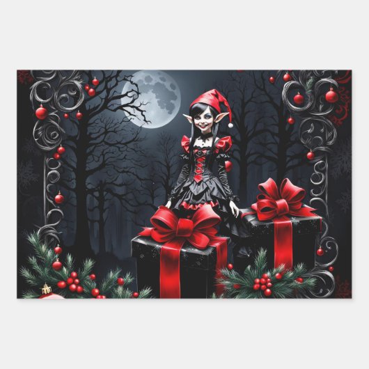 かわいいゴシックのクリスマス小妖精や小人。 ラッピングペーパーシート (正面3)