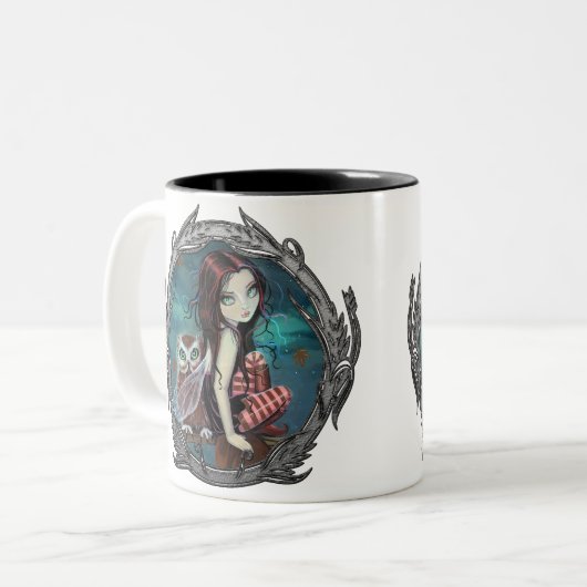かわいいゴシックの妖精とフクロウのファンタジーアートマグ ツートーンマグカップ (正面左)