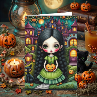 かわいいゴシックガールパンプキンハロウィンぬりえページ カード