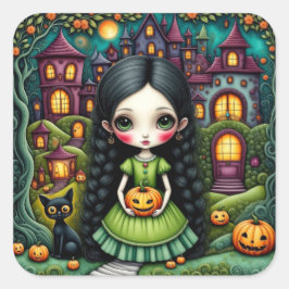 かわいいゴシックガールパンプキンハロウィンビレッジ スクエアシール