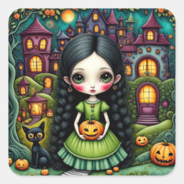 かわいいゴシックガールパンプキンハロウィンビレッジ スクエアシール