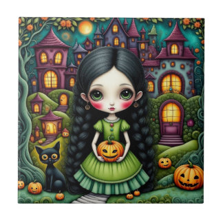 かわいいゴシックガールパンプキンハロウィンビレッジ タイル