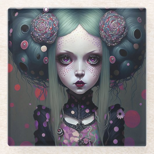 かわいいゴシックガールパープルブラックファンタジーアート ガラスコースター (正面)