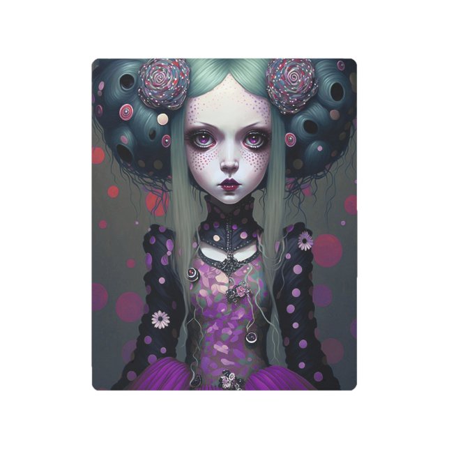 かわいいゴシックガールパープルブラックファンタジーアート メタルプリント (正面)