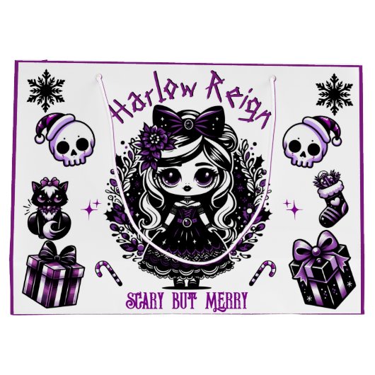 かわいいゴシックガールパープル&ブラックゴシックのクリスマス ラージペーパーバッグ (裏面)