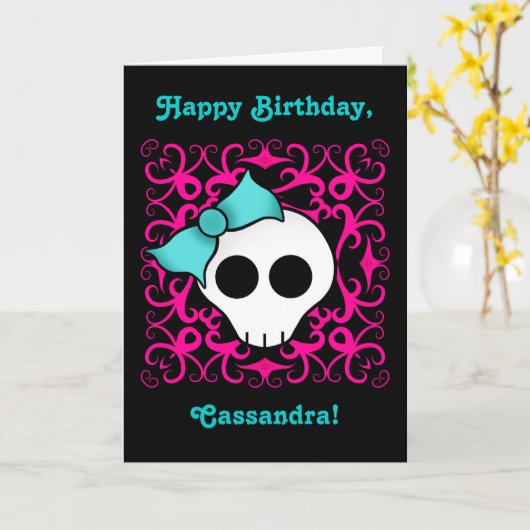 かわいいゴシックスカルの誕生日トゥイーンまたは女10代のの子 カード (黄色い花)