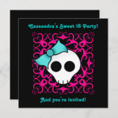 かわいいゴシックスカルスウィート16誕生日パーティー 招待状 (正面/裏面)