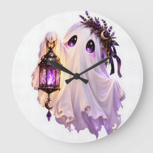 かわいいゴシックパステル幽霊ハロウィンランタンアート ラージ壁時計