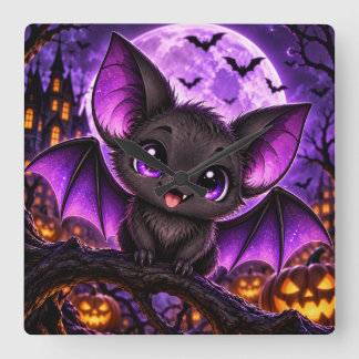 かわいいゴシックパープルコウモリハロウィンの月 スクエア壁時計