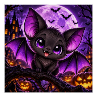 かわいいゴシックパープルコウモリハロウィンの月 ポスター