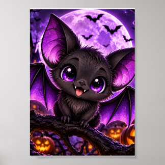 かわいいゴシックパープルコウモリハロウィン月 ポスター
