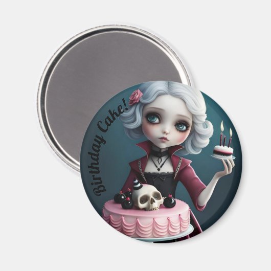 かわいいゴシック様式の吸血鬼の女の子とスカルお誕生日ケーキ マグネット (正面/裏面)