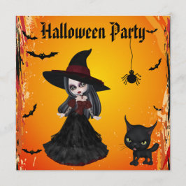かわいいゴシック様式魔法使い及び猫のハローウィンパーティ 招待状