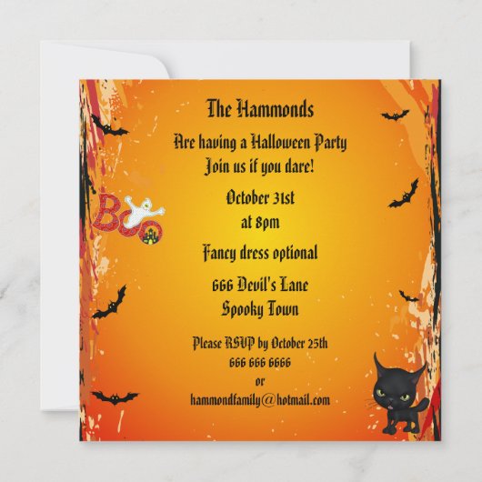 かわいいゴシック様式魔法使い及び猫のハローウィンパーティ 招待状 (裏面)