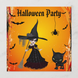 かわいいゴシック様式魔法使い及び猫のハローウィンパーティ 招待状