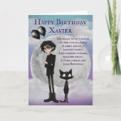 かわいいゴシック風の少年と彼の黒猫の誕生日カード カード (正面)