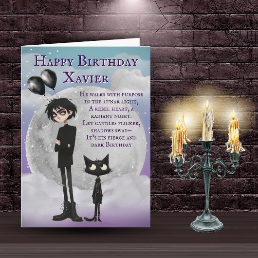 かわいいゴシック風の少年と彼の黒猫の誕生日カード カード