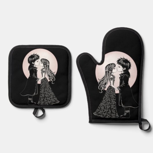 かわいいゴシックEmoキッズキスバレンタインデー 鍋つかみ&鍋敷きセット (正面)