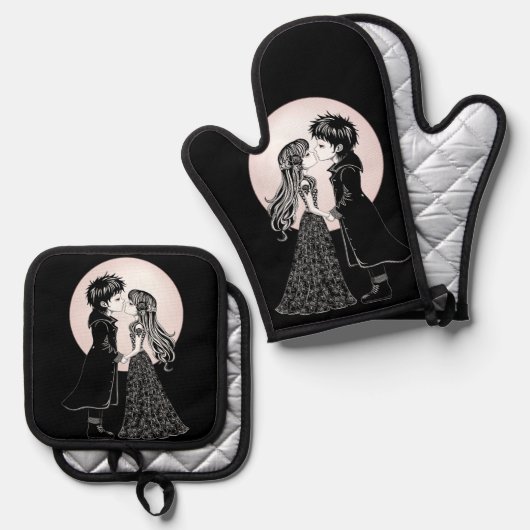 かわいいゴシックEmoキッズキスバレンタインデー 鍋つかみ&鍋敷きセット (正面/裏面)