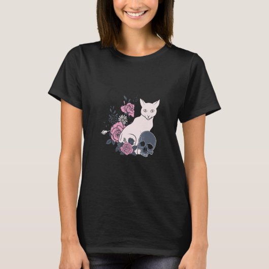 かわいいゴスハロウィンコスチューム月猫ドクロ Tシャツ (正面)