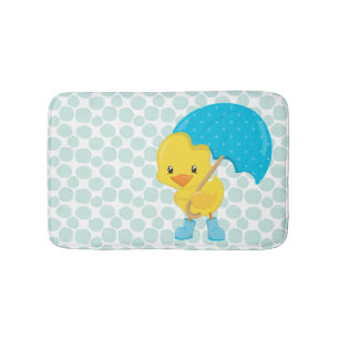 かわいいゴムダッキー（アヒルちゃん）オンブルー水玉模様 バスマット