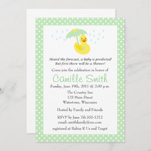 かわいいゴムダッキー（アヒルちゃん）ベビーシャワー招待状 招待状 (正面/裏面)