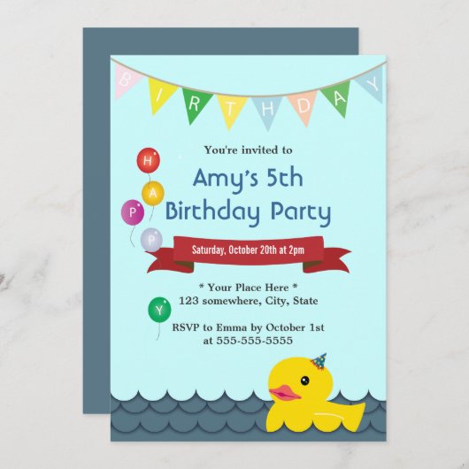 かわいいゴム製アヒルの空色の誕生日の招待状 招待状 (正面/裏面)