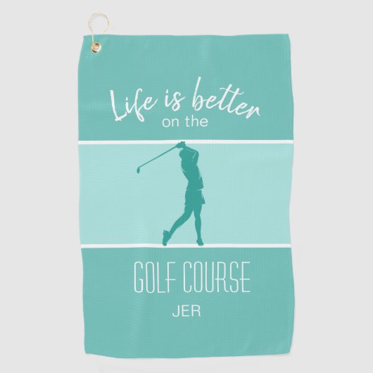 かわいいゴルファーゴルフコーススポーツ引用文ティール(緑がかった色)グリーン ゴルフタオル (正面)