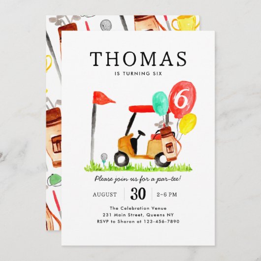 かわいいゴルフカートバッグバルーンキッズパーティー誕生日 招待状 (正面/裏面)