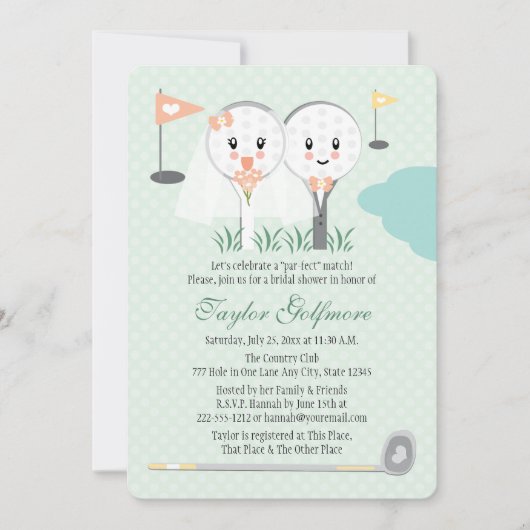 かわいいゴルフボールとティー新郎新婦ブライダルシャワー 招待状 (正面)